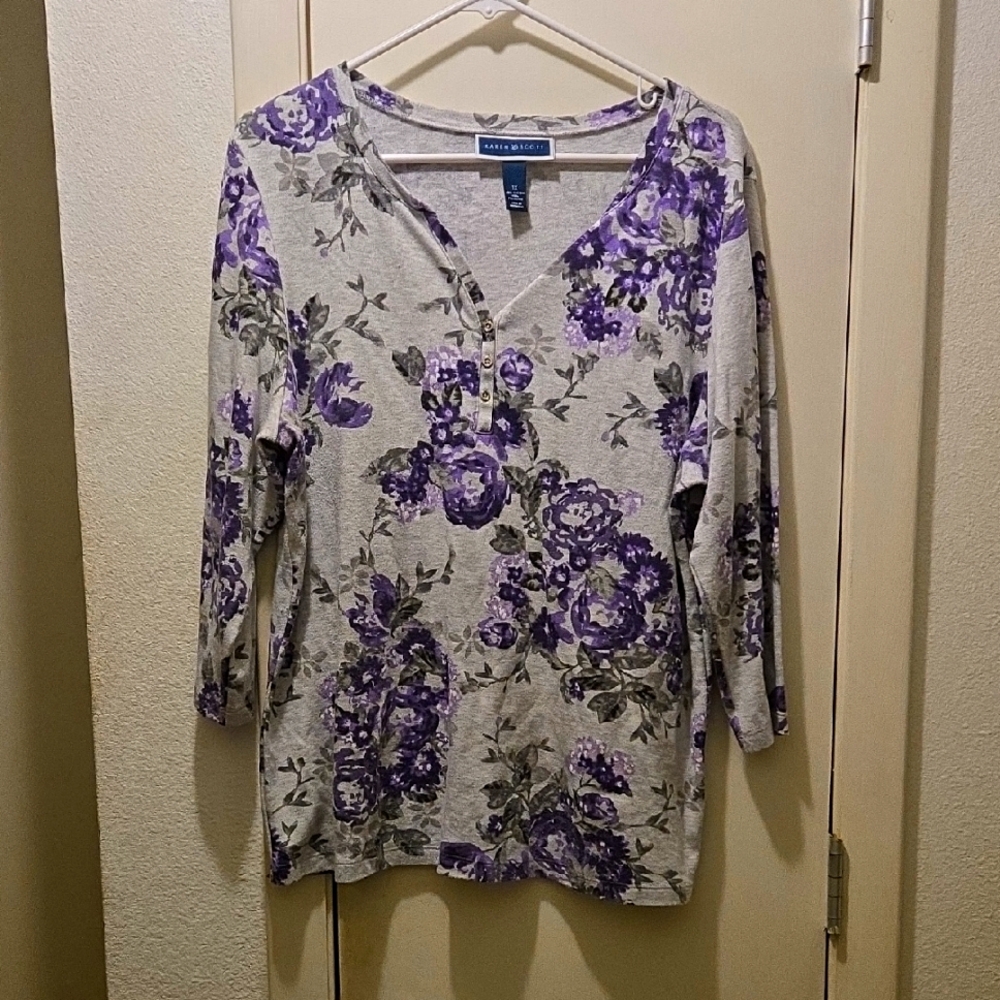 Karen Scott Gray and Purple Floral Long Sleeve Top